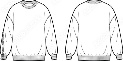 Technical fashion illustration of mens crewneck sweatshirt front and back view with ribbed collar cuffs hem vector flat design