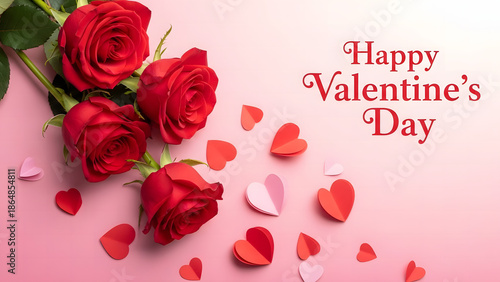 A bouquet of red roses and paper hearts on a pink background for valentine's day celebration