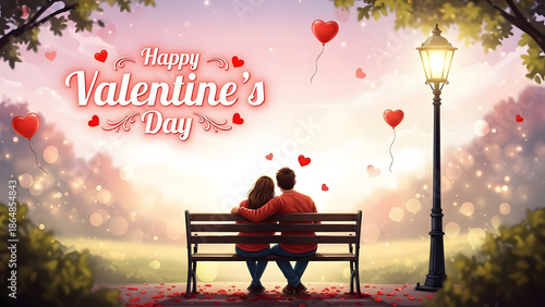 A couple enjoying valentine's day on a park bench under heart balloons