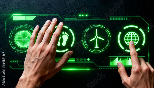 Innovative technology usage digital environment interface design futuristic setting close-up view sustainability concepts