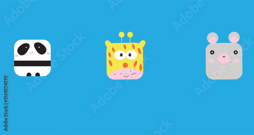 Cute square animal faces set, cartoon panda, giraffe, and koala icons vector