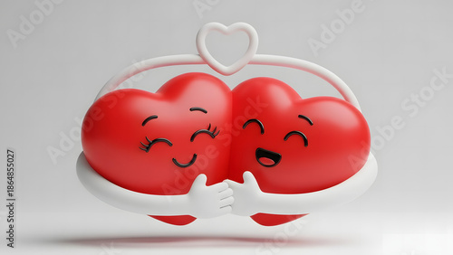 A tender embrace between two smiling red heart characters symbolizing love and friendship