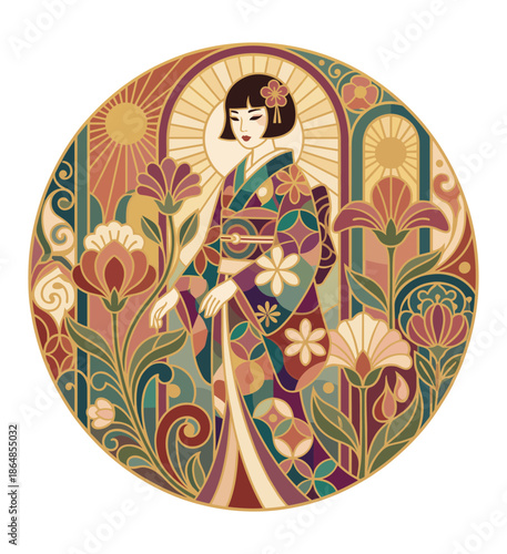 Kimono Lady in Floral Embrace: A serene vision of a woman adorned in an exquisite kimono, gracefully positioned amidst a captivating arrangement of flowers, radiating an air of elegance.