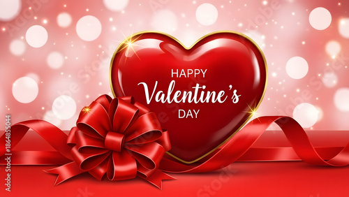 A beautiful illustration for happy valentine's day featuring a glossy red heart and bow.