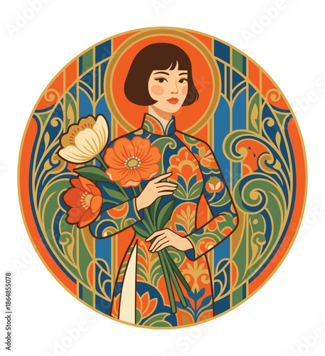 Asian Beauty and Floral Splendor: A captivating illustration showcases an elegant Asian woman, holding vibrant flowers, and gracefully set within a decorative circle.