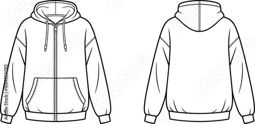 Technical fashion illustration of mens zip hoodie front and back view with drawstring hood pocket stitching vector design