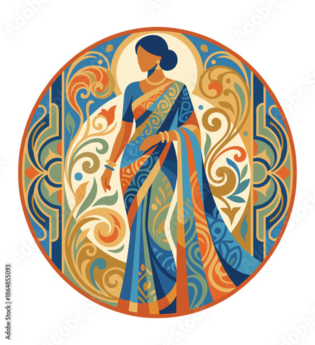 Elegant Woman in Traditional Attire: A woman, elegantly adorned in a vibrant traditional garment, is set within a decorative circle, embodying cultural beauty and grace.