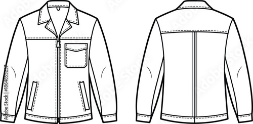 Technical fashion illustration of men’s zip jacket front and back view with chest pocket, collar, stitching details vector