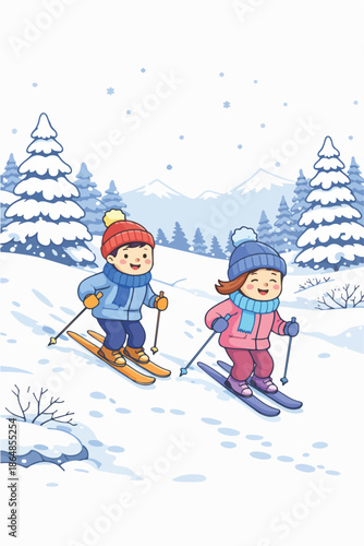 Children Playing In Winter Snow Illustration