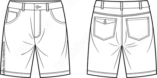 Technical fashion illustration of mens tailored shorts front and back view with belt loops pockets stitching details vector flat design