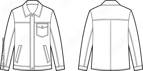 Technical fashion illustration, mens casual jacket front and back view with chest pocket zipper pockets collar stitching vector design
