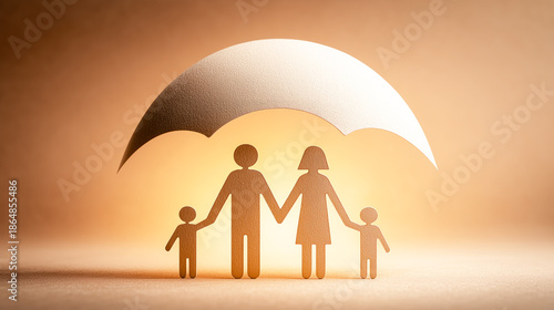 Family insurance banner featuring paper-cut silhouettes of family members standing under a protective dome, symbolizing care, safety, unity, and long-term protection.