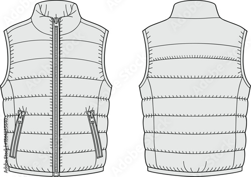 Technical fashion illustration, mens padded vest front and back view with stand collar zipper pockets stitching vector design flat template