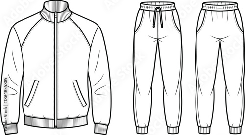 Technical fashion illustration, mens tracksuit jacket and jogger pants front and back view with zipper pockets elastic waistband vector design