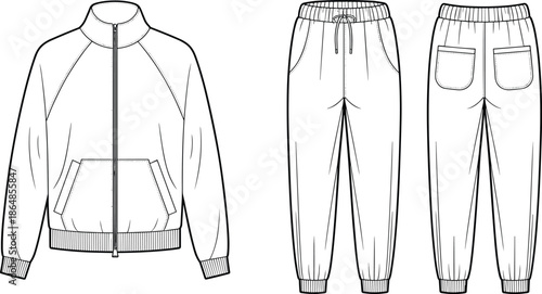 Technical fashion illustration, mens tracksuit jacket and jogger pants front and back view with zipper pockets elastic waistband vector