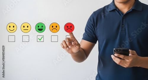 A man selects the angry face on a customer satisfaction survey while holding a smartphone device
