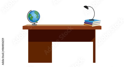 Teacher's desk with globe and lamp, education and travel planning workspace vector