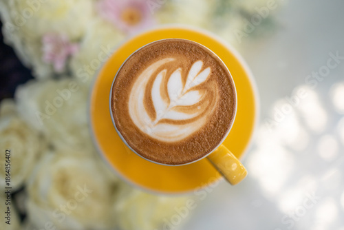 Top view of hot cappuccino, focus selective