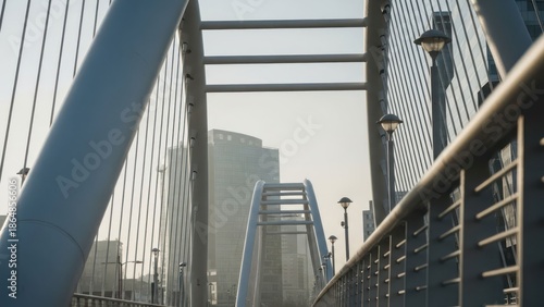 Sleek pedestrian bridge cables frame a hazy urban background