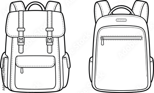 Technical vector illustration of backpack front and back views, modern school travel bag design for product manufacturing and fashion use