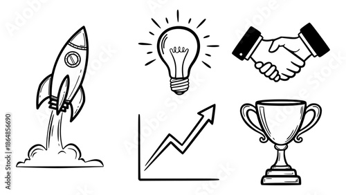 Business success and startup doodle icons set vector illustration