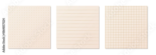 Vector set of beige grid paper textures. Seamless notebook page backgrounds with dotted lined and squared patterns for digital planning stationery and bullet journal design.