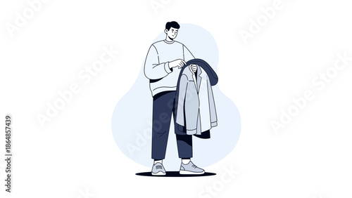 Young man holding clothes hanger with a casual outfit in a modern minimalist illustration style
