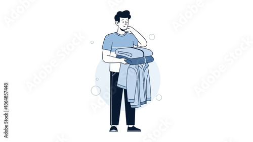 Young man holding folded and hanging laundry with a thoughtful expression on a white background