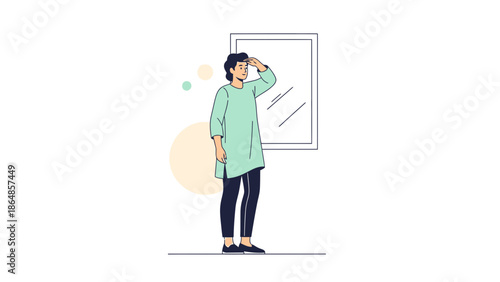 Woman Standing in Front of Mirror Looking Thoughtful Reflecting Self-Image in Modern Illustration