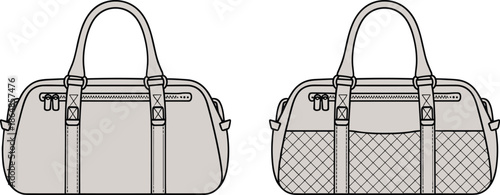 Technical vector illustration, duffel bag front and back views, modern travel gym handbag design for product manufacturing fashion use