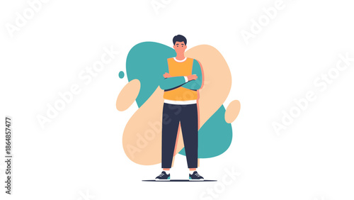 Young confident man standing with arms crossed in front of colorful abstract background illustration