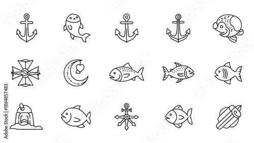 Nautical icon pack, marine animals in outline style, modern flat design, isolated symbols on white