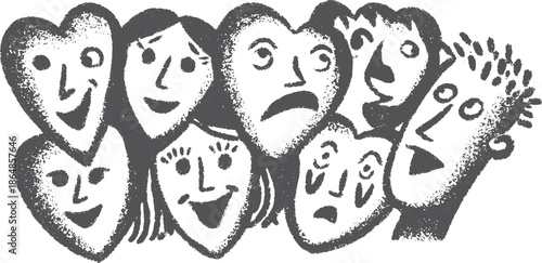 Character faces with heart shapes, showcasing various emotions in a modern design. Black and white vector illustration depicting a diverse set of expressions.