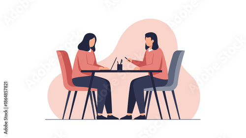 Two women engaged in a digital tablet discussion at a modern office table