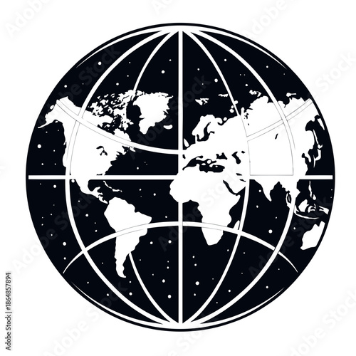 A black and white illustration of the Earth from space