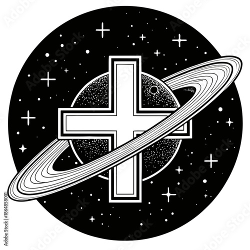 A black and white illustration of a cross in space with a planet and stars