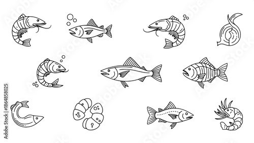 Seafood and ocean life icons, monochrome minimalist illustration, consistent line weight, graphic design style