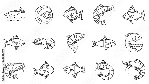 Seafood and ocean life icons, monochrome minimalist illustration, consistent line weight, graphic design style