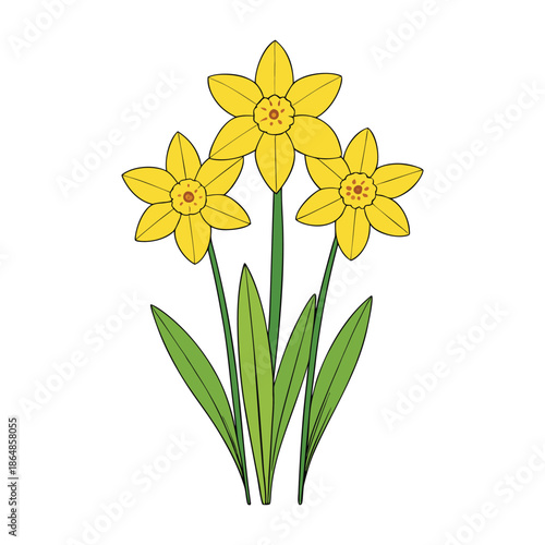 A sunlit field of yellow daffodils sways in the breeze, painting the landscape with golden blooms, fresh green leaves, and the joyful promise of spring.
