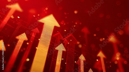 Four golden arrows rising upwards in a stair-step pattern against a solid red background, symbolizing growth, progress, and upward trend.