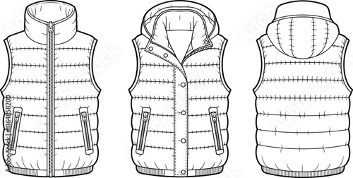 Technical vector illustration, hooded padded puffer vest, front side back views, sleeveless winter outerwear for fashion apparel design and manufacturing