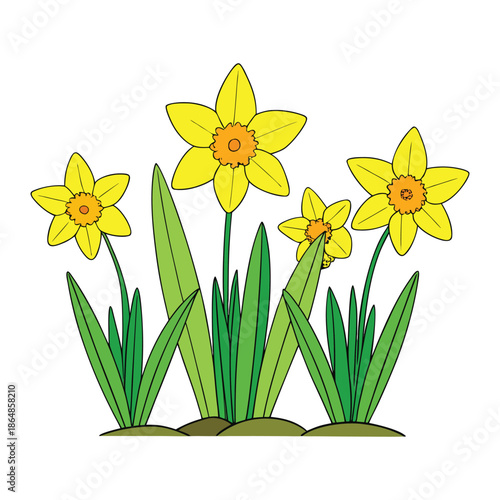 A sunlit field of yellow daffodils sways in the breeze, painting the landscape with golden blooms, fresh green leaves, and the joyful promise of spring.
