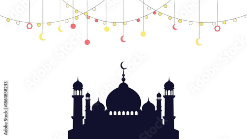 Islamic mosque silhouette with crescent moon and lanterns, ramadan decoration, eid al fitr celebration, religious holiday with cultural