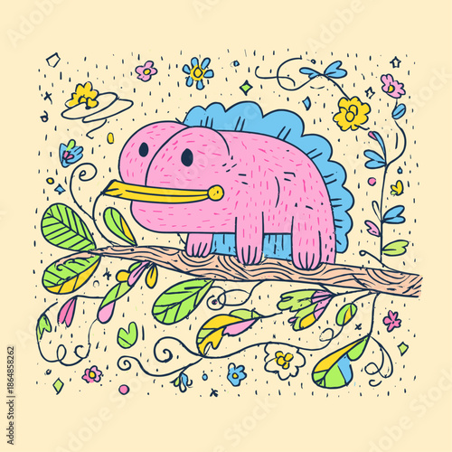 Cute cartoon creature perched on a whimsical branch