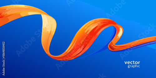 A vibrant orange ribbon swirls dynamically against a bright blue backdrop