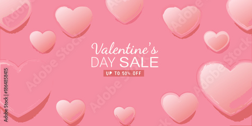 Valentine s day sale announcement with scattered pink hearts on a soft background