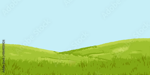 Simple green hills and a clear blue sky create a peaceful landscape