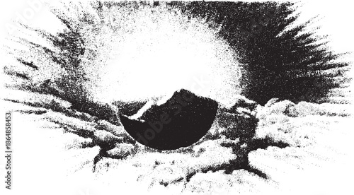 Sun and moon in a textured black-and-white landscape. Cloudy sky and mountain silhouette create a striking contrast in this vector illustration.