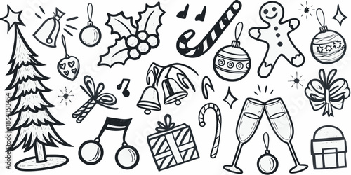 Hand drawn christmas doodles including trees ornaments and festive celebratory items