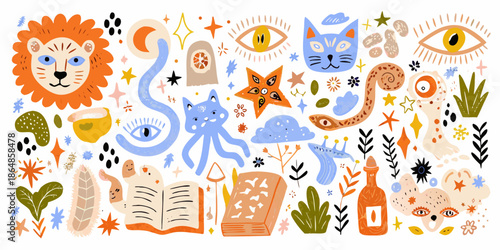 Mystical creatures and magical objects in a whimsical colorful illustration